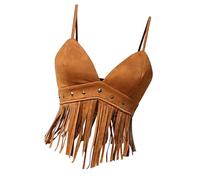 Greabuy Top corto da donna hippie con frange e nappe accento in finto tessuto scamosciato con spalline sottili per festival musicali e feste, Marrone, S