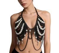 Greabuy Top da donna in acrilico alla moda impreziosito da perle finte catene cinghie rimovibili da indossare per festival contemporaneo top allacciato al collo, Nero , Taglia unica