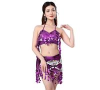 Greabuy Top elastico per danza del ventre con paillettes e gonna lunga regolabile con frangia adatta per vari tipi di costumi, Viola, Taglia unica
