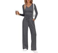 Greabuy Tuta traspirante da donna: camicia corta con maniche e pantaloni da salotto larghi, abbigliamento sportivo streetwear corto a maniche lunghe top a gamba larga pantaloni da salotto