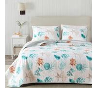 Great Bay Home Key West Quilts - Trapunta trapuntata reversibile per letto matrimoniale, 2 pezzi, con 1 federa, per tutte le stagioni, copriletti da spiaggia, set copriletto in corallo e conchiglie