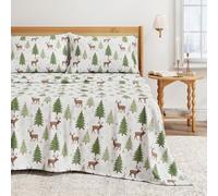 Great Bay Home Set di lenzuola in 100% flanella di cotone turco, 4 pezzi, lenzuola natalizie e federe, calde, doppie lenzuola spazzolate (completo, cervi, alberi, neve)