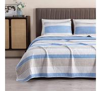 Great Bay Home Trapunta reversibile a righe moderna con 2 shams, copriletto per tutte le stagioni, con strisce blu e tortora, collezione Bryce (completo/regina)
