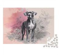 Great Dane Portrait-Black White Sketch Style 1000 Piece Adult Jigsaws Grey Dog on Pink Background Educational Games Suitable for Decompression 38x26cm/1000pcs