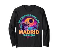 Great European Solar Eclipse 2026 Madrid Spain Cat Retro Maglia a Manica