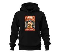 Great Fortune Maneki Neko Japan Y2K Felpa con cappuccio, nero, XL