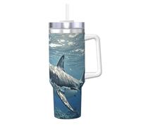 Great White Shark - Bicchiere da caffè con manico e cannuccia, isolamento sottovuoto, in acciaio inox, a doppia parete, elegante, da viaggio, con supporto per tazza da caffè, base amichevole per donne