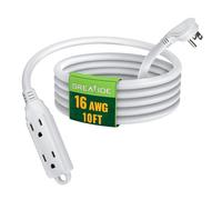 GREATIDE 10 Ft Flat Plug Extension Cord, 16 AWG 3 Prong Grounded Low Profile Extension Cable,3 Outlet Extension Wire for Indoor, White, UL Listed