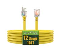 GREATIDE 10 Ft Lighted Outdoor Extension Cord - 12/3 SJTW Heavy Duty Extension Cable with 3 Prong Grounded Plug - 15 Amp Power Cord for Lawn, Garden, Appliances