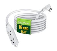 GREATIDE 15 Ft Flat Plug Extension Cord, 16 AWG 3 Prong Grounded Low Profile Extension Cable,3 Outlet Extension Wire for Indoor, White, UL Listed