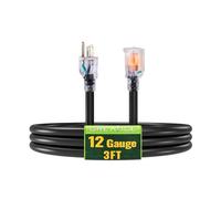 GREATIDE 3 Ft Lighted Outdoor Extension Cord - 12/3 SJTW Heavy Duty Black Extension Cable with 3 Prong Grounded Plug - 15 Amp Power Cord for Lawn, Garden, Appliances