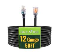 GREATIDE 50 Ft Lighted Outdoor Extension Cord - 12/3 SJTW Heavy Duty Black Extension Cable with 3 Prong Grounded Plug - 15 Amp Power Cord for Lawn, Garden, Appliances
