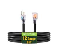 GREATIDE 6 Ft Lighted Outdoor Extension Cord - 12/3 SJTW Heavy Duty Black Extension Cable with 3 Prong Grounded Plug - 15 Amp Power Cord for Lawn, Garden, Appliances