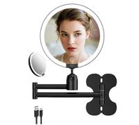GREATRICH Specchio Ingranditore Parete LED due Lati 1x/30x Specchio Trucco con Luci Make up 15cm Dimmerabile 3 Tonalità Specchio Cosmetico Ricaricabile Braccio Estensibile Specchio Bagno LED Nero