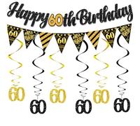 GreatRise Set di decorazioni per compleanno con festone di compleanno con bandierine da appendere, decorazione di compleanno per uomini e donne, colore nero, oro, ghirlanda di stelle filanti, per