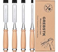 GREBSTK Set di scalpelli professionali per legno, robusti, in acciaio al cromo vanadio, manici in legno di faggio, 4 pezzi, 1/4", 1/2", 3/4", 1"
