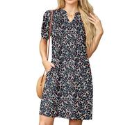 GRECERELLE Abito estivo casual da donna, a maniche corte, con scollo a V, con tasche, Navy Con Fiore Bianco, XXL