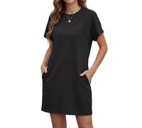 GRECERELLE Abito estivo da donna, a maniche corte, elegante, girocollo, casual, per il tempo libero, da donna, con tasche, tinta unita, abito estivo, maglietta leggera e traspirante, Nero , XL