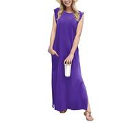 Grecerelle - Abito estivo da donna, casual, a camicia, elegante, stile basic, senza maniche, maxi abiti per donne UK con spacco e tasche, Viola scuro, L
