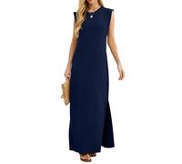 Grecerelle - Abito estivo da donna, casual, a camicia, elegante, stile basic, senza maniche, maxi abiti per donne UK con spacco e tasche, blu navy, M