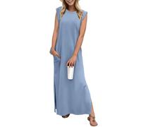 Grecerelle - Abito estivo da donna, casual, a camicia, elegante, stile basic, senza maniche, maxi abiti per donne UK con spacco e tasche, Blu denim, M