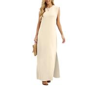 Grecerelle - Abito estivo da donna, casual, a camicia, elegante, stile basic, senza maniche, maxi abiti per donne UK con spacco e tasche, Bianco albicocca, L