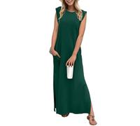 Grecerelle - Abito estivo da donna, casual, a maniche corte, elegante, basic, senza maniche, maxi abiti per donne UK con spacco e tasche, Verde scuro, L