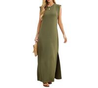Grecerelle - Abito estivo da donna, casual, a maniche corte, elegante, stile basic, senza maniche, maxi abiti per donne UK con spacco e tasche, Verde militare, M
