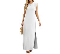 Grecerelle - Abito estivo da donna, casual, a maniche corte, in stile elegante, abiti basic senza maniche, maxi abiti per donna UK con spacco e tasche, bianco, L