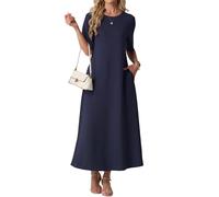 GRECERELLE Abito estivo da donna, scollo rotondo, maxi abito con tasche, a maniche corte, casual, linea A, per il tempo libero, da donna, Blu mare, L