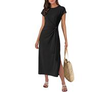 GRECERELLE Abito midi da donna con dettaglio nodo, spacco laterale e maniche con cappuccio, elegante per il tempo libero e per le festività, per la primavera ed l'estate, Nero , XXL