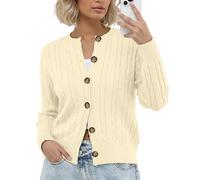 GRECERELLE Cardigan da donna a maniche lunghe elegante e casual con scollo tondo, stile pullover classico, cardigan lavorato a maglia con bottoni, autunno, inverno, primavera, Bianco latte, L
