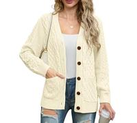 GRECERELLE - Cardigan da donna, lavorato a maglia, stile Aran, a maniche lunghe, con bottoni, taglia forte, con tasche, per inverno, autunno, primavera, Bianco crema., XL