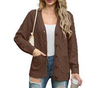 GRECERELLE - Cardigan da donna, lavorato a maglia, stile Aran, a maniche lunghe, con bottoni, taglia forte, con tasche, per inverno, autunno, primavera, Marrone chiaro britannico., XXL