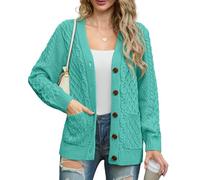 GRECERELLE - Cardigan da donna, lavorato a maglia, stile Aran, a maniche lunghe, con bottoni, taglia forte, con tasche, per inverno, autunno, primavera, Blu verde, XL