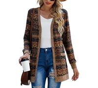 GRECERELLE Cardigan Donna Lungo Golfino Manica Lunga Elegante Comodo Apertura Frontale Bottoni Tasche Maglione Leggero Scollo a V (Fiore Rotondo Marrone, XXL)