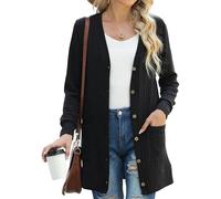 GRECERELLE Cardigan Donna Lungo Golfino Manica Lunga Elegante Comodo Apertura Frontale Bottoni Tasche Maglione Leggero Scollo a V (Nero, M)