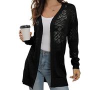 GRECERELLE Cardigan estivo da donna UK leggero pizzo scava fuori maglia morbida manica lunga aperto anteriore spiaggia copre donna tinta unita protezione solare, L01 Nero, L