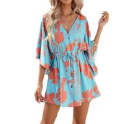 GRECERELLE Elegante abito estivo con stampa floreale bohémien con coulisse in vita e maniche a 3/4, perfetto per un look elegante e confortevole!, Blu, S