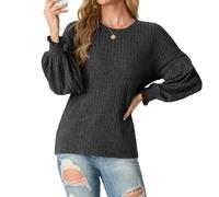 GRECERELLE - Maglione da donna a maniche lunghe, girocollo, leggero, con maniche a lanterna, Grigio scuro, S