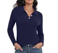 GRECERELLE - Maglioni da donna con lavorazione a cabotié, a maniche lunghe, con collo polo, top casual, pullover, camicie polo, outfit alla moda autunnali 2025, blu navy, XXL