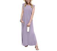 GRECERELLE Maxi abito estivo da donna, stile casual, stile elegante, senza maniche, maxi abito da donna UK con spacco e tasche, Viola, L