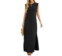 GRECERELLE Maxi abito estivo da donna, stile casual, stile elegante, senza maniche, maxi abito da donna UK con spacco e tasche, 01 Nero, S