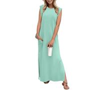 GRECERELLE Maxi abito estivo da donna, stile casual, stile elegante, senza maniche, maxi abito da donna UK con spacco e tasche, Azzurro, L