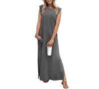 GRECERELLE Maxi abito estivo da donna, stile casual, stile elegante, senza maniche, maxi abito da donna UK con spacco e tasche, Grigio scuro, S