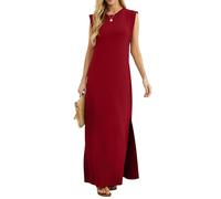 GRECERELLE Maxi abito estivo da donna, stile casual, stile elegante, senza maniche, maxi abito da donna UK con spacco e tasche, Rosso vinaccia, S