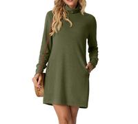 GRECERELLE Mini abito da donna a collo alto, a maniche lunghe, collo alto, classico, basico, per tutti i giorni, per autunno e inverno, con tasche, Verde militare, XXL