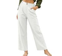 GRECERELLE Pantaloni estivi da donna in lino, casual, leggeri, larghi, in cotone, comodi, traspiranti, per il tempo libero, con tasche, Bianco avorio, L