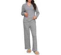 GRECERELLE Pigiama da donna a costine da donna, set da salotto autunnale, 2 pezzi, abbigliamento da notte, collo a polo a maniche lunghe, camicette, pantaloni a gamba larga, abbigliamento da notte