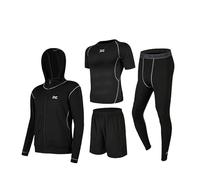 GRECERELLE Set da corsa sportiva da uomo, 4 pezzi, Ultimate Performance Gear per corsa e fitness, maglia a maniche corte, pantaloncini, collant a compressione e felpa con cappuccio, 4 pezzi 01 nero, L